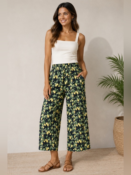 LOFT Pants - LOFT Women’s S Lemon Tree Verbena LINEN & VISCOSE Pants Casual Wide Leg Bold Fun